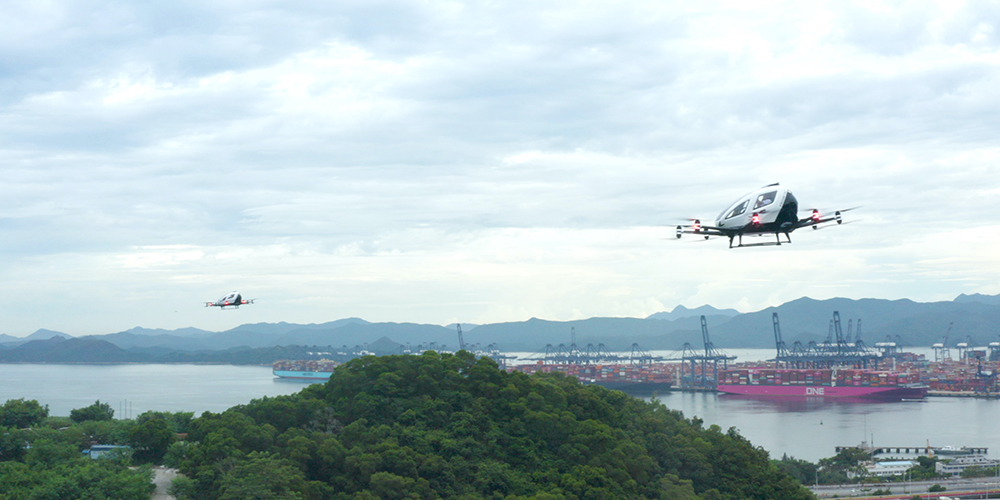 Picture: Demo flights of two units of EHang 216 AAVs simultaneously in the shared airspace in Shenzhen